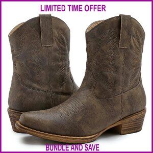 Women's Mid Calf Western Cowboy Boots Low Heel Square Toe Vegan